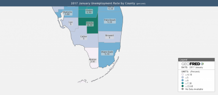 Unemployment Rate Miami-Dade versus Surrounding South Florida Counties as of January 1, 2017 (End of Year 2016)
